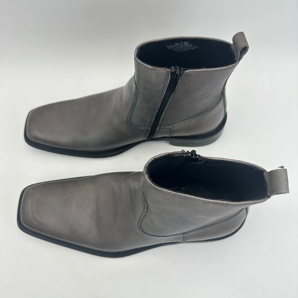 Kenneth Cole New York Micro Wave Gray Leather Side Zip Ankle Boots Mens 7.5M